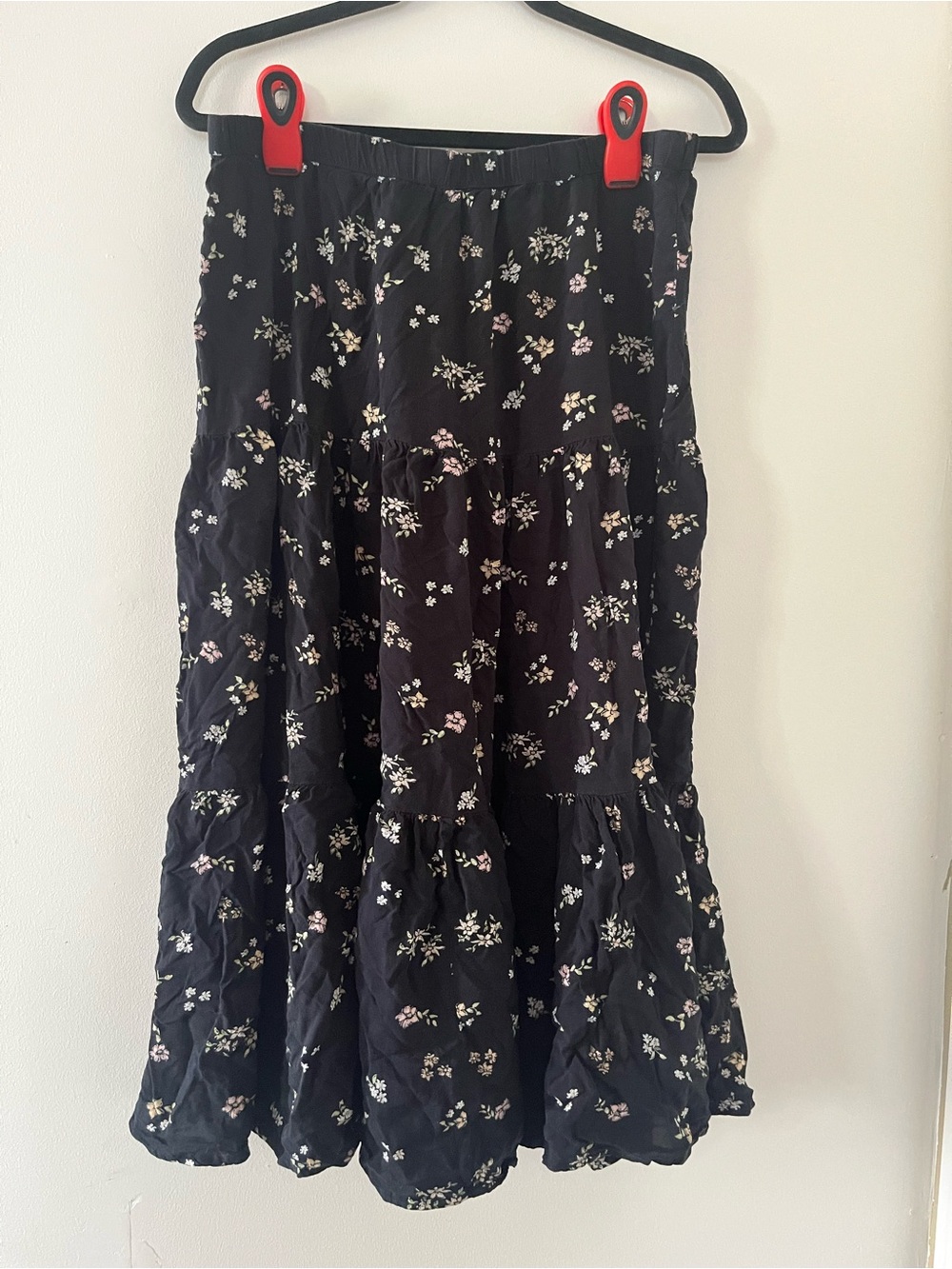 SO Black Floral Tiered Midi Skirt Large Cottagecore Prairie Romantic Modest